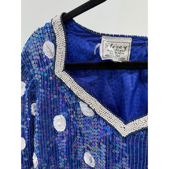 Stenay Plus vintage periwinkle blue silk sequin polka dot occasion top - Picture 2 of 7
